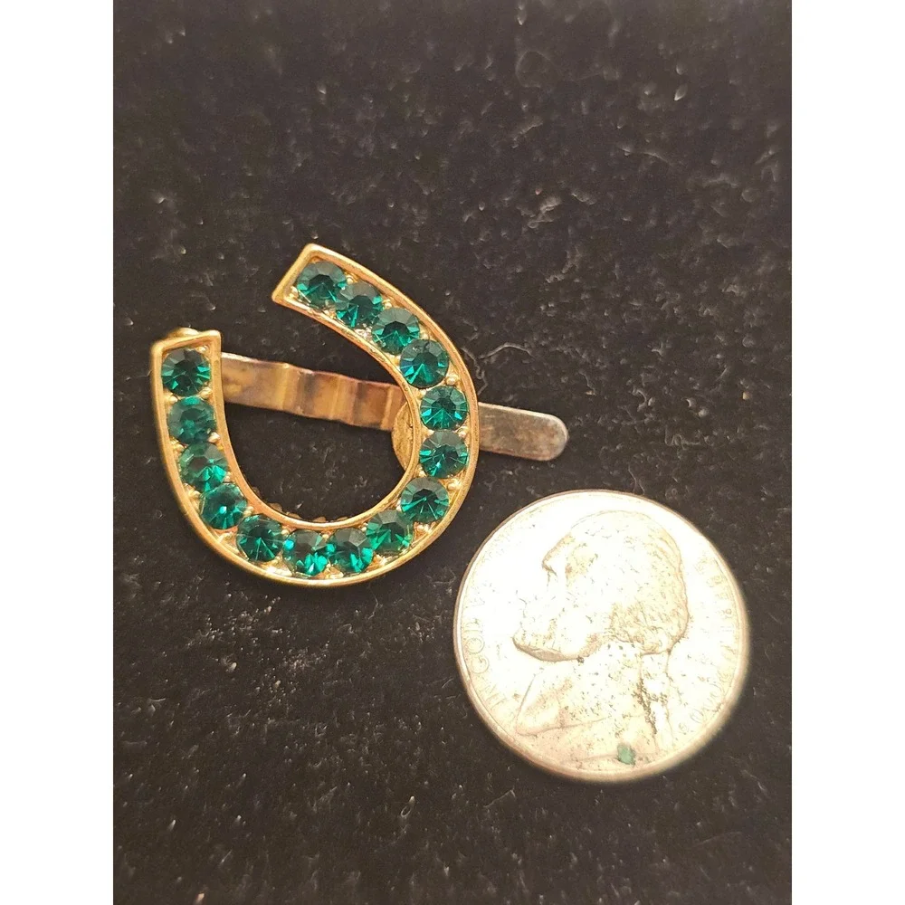 Vintage Soho Gold Tone Emerald Green Rhinestone Horseshoe Hair Clip Barrette